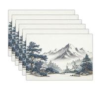 Chinese Ink Painting Table Mats Set of 6, Birds And Mountains Washable Non-slip Place Mats Heat Insulation Placemats for Kitchen Dinning Restaurant, 30 x 45cm, Light Gray