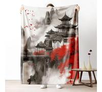 Chinese Ink Painting Throw Blanket for Couch, Asian Oriental Landscape Flannel Blanket 50"x60" Lightweight, Traditional Art Blankets for Bed, Warm Soft Cozy Washable Bedding for All Season