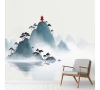 Chinese Ink Painting Wall Decals, Mountain Water Scenery Wall Mural Waterproof Vinyl Murals, Classical Chinese Art Stickers Peel and Stick Wallpaper for Home Office Decoration 352x250 cm