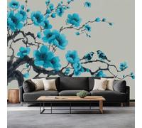 Chinese Ink Style Plants Trees Birds Wallpaper Grey Mural Poster Photo Wall Covering, Large TV Background Wall Non-Woven Mural & Room Decor for Living Room Bedroom Children's Room W350 x H256 cm