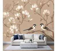 Chinese Ink Style Wall Mural 350x256cm, White Magnolia Bird Beige Background Poster Mural, HD 3D Print Non-Woven Photo Wallpaper, Modern Living Room Bedroom TV Backdrop Wall Decoration