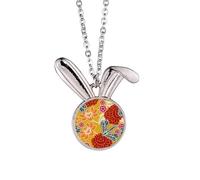 Chinese Japanese Style Asia Flowers Pattern Rabbit Necklace Pendant Bunny Animal Jewelry Gift