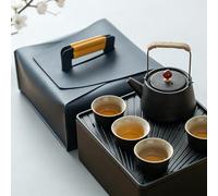 Chinese Japanese Tea Set, 7-in-1 Gongfu Teapot Set with 40ml Tea Cups for 4, 3L Water-Catchment Tea Tray & Travel Bag, Kung Fu Tea Ceremony Kit Portable Ceramic Tea Service for Home Office Travel