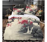 Chinese King Duvet Cover Set, Ink Wash Paintings Bedding Sets with Zipper Closure, Soft Cozy Microfiber Double Duvet Cover and 2 Pillow Cases 50 x 75 cm A893
