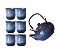 Chinese Kung Fu Tea Set Ceramic Handle Teapot 800ml 130ml Blue | Breakage Resistant, Unique Glaze Craftsmanship, Large Capacity Design, for Family Gatherings and Office Breaks