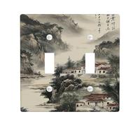 Chinese Landscape Light Switch Cover Plates/Outlet Covers, Elegant Ink Wash Mountain Scene for Home Decor, Thermoplastic Wall Plates, Standard Size Double Toggle