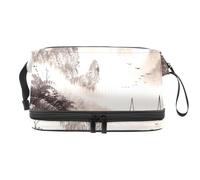 Chinese Landscape Oil Painting Double Layer Cosmetic Bag for Women and Girls, Travel Toiletry Bag Makeup Handy Pouch Organiser Bag with Brush Compartment