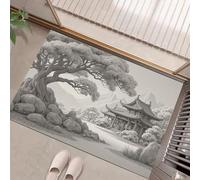 Chinese Landscape Painting Door Mat,Pine Trees Architectural Patterns Doormat Welcome Front Door Mat Light Gray Non Slip Doormat For Front Porch, Entryway, Indoor Outdoor Holiday Decor, 40 X 60 Cm