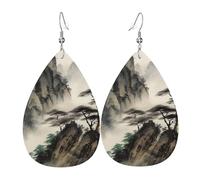 Chinese Landscape Painting Earrings for Women Teardrop Leather Earring Double Sided Drop Dangle Earrings Lightweight Women's Ear Accessories Jewelry Fashion Birthday Gift