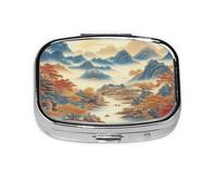 Chinese Landscape Painting Pattern Pill Case Pill Box Travel Pill Organizer Small Square Medicine Box for Purse & Pocket Gifts
