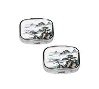Chinese Landscape Painting Pill Box 2 Compartment Medicine Pill Case,Travel Pill Organizer, Small Metal Pill Case Portable Pill Box, Perfects Gift for Anyone in Need