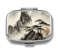 Chinese Landscape Painting Pill Box 2 Compartment - Small Metal Medicine Organizer Portable Pill Case for Purse Pocket Travel Vitamin Organizer for Men Women, BPA-Free