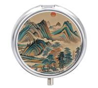 Chinese Landscape Painting Pill Organizer 3 Compartment Travel Pillbox with Mirror Daily Medicine Pill Case Metal Pill Box for Purse & Pocket Portable Small Medicine Box Round Vitamin Case Container