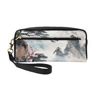 Chinese Landscape Painting Printed Makeup Bag for Women Travel PU Leather Cosmetic Bag with Wristlet Toiletry Bag