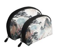 Chinese Landscape Painting Printed Makeup Bags 2-Piece Portable Shell Travel Toiletry Bag Cosmetic Organizer Bag for Women