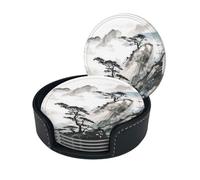 Chinese Landscape Painting Round Leather Coaster Set (6 Pieces) â€“ Premium Single-Sided Printed Coasters Pu Leather, Perfect For Home And Office