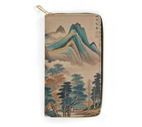Chinese Landscape Painting Slim Thin Credit Card Wallet, PU Leather Bifold Cash Wallet, Zipper Coin Pocket Id Window Wallet Storage Bag Wallet Coin Purse Pouch Change Holder Small with Zipper for Men