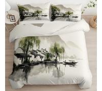 Chinese Landscape Painting Willow Tree Pattern Duvet Cover Set Double (200 x 200 cm), Beige Grey Reversible Luxury Bedding for Bedroom Decor - Soft Breathable Quilt Cover with Pillow Shams for Adults