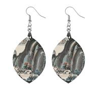 Chinese Landscape Painting Wooden Earrings for Women, Vintage Elegant Wood Jewelry, Lightweight Earrings for Wedding, Party, Everyday Jewelry Gift, Apricot shaped, Wood, wood