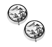 Chinese Landscape Print Print Pill Box 3 Compartment Medicine Pill Case,Portable for Pocket Or Purse Pill Organizer Decorative Metal Medicine Vitamin Organizer Unique Gift