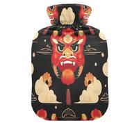 Chinese Lion Clouds Print Hot Cold Water Bottle with Fleece Cover PVC Hot Water Bag 1 Liter