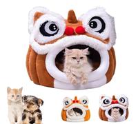Chinese Lion Dance Lion Cats Bed, Cute Lion Head Pet Bed with Faux Rabbit Fur, Washable Plush Cat House, Non-Slip Base, Warm Nest for Small Cats and Dogs