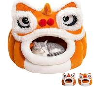 Chinese Lion Dance Lion Cats Bed, Lion Head Pet Beds for Cats, 360° Windproof Pet Nest with Plush Material, Lion Dance Design (Coffee,for 20 Catties cat or 14 Catties dog)