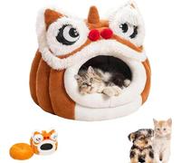Chinese Lion Dance Lions Cats Bed, Lions Head Pet Beds for Cats, Soft Cozy Plush Cat House & Dog Cave with Cushion, Detachable Cat Bed, Non-Slip Bottom,for Small Medium Dogs (Coffee,M)