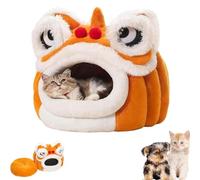 Chinese Lion Dance Lions Cats Bed, Lions Head Pet Beds for Cats, Soft Cozy Plush Cat House & Dog Cave with Cushion, Detachable Cat Bed, Non-Slip Bottom,for Small Medium Dogs (Brown,L)