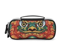 Chinese Lion New Year Pencil Case with Handle, Large Capacity PU Leather Pencil Bag Office Organizer, Portable Cosmetic Bag for Travel, Home