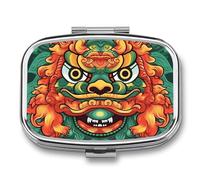 Chinese Lion New Year Pill Box Elegant Metal Pill Case with 2 Compartments, Slim Portable Medicine Organizer for Purse, Pocket, Travel