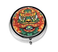 Chinese Lion New Year Pill Box Metal Round Small Pill Case Cute 3 Compartment Pill Organizer Portable Travel Pillbox Mini Pill Container Holder for Daily Medicine Supplement Vitamin