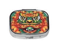 Chinese Lion New Year Print Pill Box Square Pill Case 2 Compartment Small Metal Medicine Organizer Portable Travel Pillbox for Pocket Purse Cute Mini Pill Container to Hold Daily Vitamins