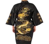 Chinese Men's Satin Silk Robe Embroidery Kimono Bath Gown Dragon Size Men's Bathrobe Spa Robe Nightdress Kimono S M L XL XXL XXXL (Color : Black, Size : XXL)