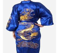 Chinese Men's Satin Silk Robe Embroidery Kimono Bath Gown Dragon Size Men's Bathrobe Spa Robe Nightdress Kimono S M L XL XXL XXXL (Color : Blue, Size : XL)