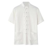 Chinese Men's Shirt Linen Traditional Shirts Kung Fu Tai Chi Wushu Classic Tangzhuang Vintage Frog Button Top Short Sleeve Uniform Training Clothing, White, 3XL