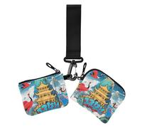 Chinese Mountain Crane Tower Graffiti Women's Coin Wallet Card Holder Slim Portable Women's Money Organizers with Keychain for Women 2 Packs