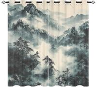 Chinese Mountain Ink Painting Blackout Privacy Curtain W 36" x L 84" (2 Panels) for Teens Playroom, Grey Opaque Eyelet Curtains Living Bedroom Decor, Thermal Insulated Anti-fade Drapes