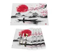 Chinese Mountain Lake Ink Landscape Vinyl Placemats Set of 4 for Dining Tables,Kitchen Table Mats Heat Resistant Washable Wipeable PVC Place Mat