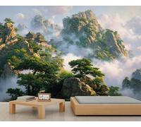 Chinese Mountain Mural Wallpaper Traditional Chinese Pavilions and Temples Boys Wallpaper Pine Trees Wallpapers for Kids Bedroom Living Room Mural Poster 450 X 300 cm