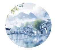 Chinese Mountain River Bridge Round Rugs 60cm - Ancient Town Print Low Pile Circle Carpet for Living Room Bedroom Home Decor Study Room