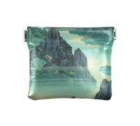 Chinese Mountains and Rivers Green Fashion Women's Leather Coin Change Purse Cute Card Cases Money Organizers for Men Women Travel de Tela para Mujer