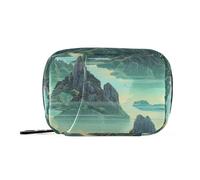 Chinese Mountains and Rivers Green Pill Bags for Travel Reusable with Detachable Compartments Convenient Small Pill Organizer for Purse