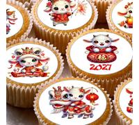 Chinese New Year 2027 Goat Cupcake Toppers x 24 | Edible, Wafer, Pre-cut, Round Cake Decorations, Lunar New Year, Year of the Goat, Pack of 24