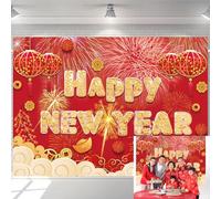 Chinese New Year Backdrop 2025 Spring Festival Happy New Year Party Banner Decor Red Lanterns Fireworks Firecracker 2025 New Year's Eve Party Background Studio Photo Booth Props (8X6FT)
