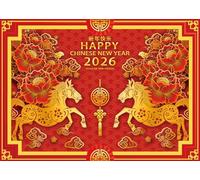 Chinese New Year Backdrop 2026 Happy China Spring Festival Lunar Year of The Horse Decoration Banner Red Gold Lucky Cloud Plum Background New Year's Party Supplies Photo Booth Prop (8x6FT)