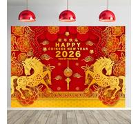 Chinese New Year Backdrop 2026 Red Gold Chinese Spring Festival Lunar Year of The Horse Backdrop New Year's Eve Party Decoration family Photo Booth Props