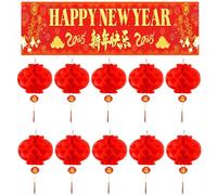 Chinese New Year Decorations 2025, Lunar New Year Table Runner + 10Pcs Chinese Red Paper Lanterns for Spring Festival Year of the Snake Chinese New Year Party Decorations