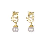 Chinese New Year Dragon Earrings for Women, Glitter Cubic Zirconia Pearl Dangle Expectation A Sense Of Ritual Party Gifts Jewelry, Zinc, Cubic Zirconia