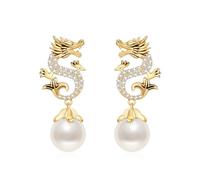 Chinese New Year Dragon Earrings For Women, Glitter Cubic Zirconia Pearl Dangle Expectation A Sense Of Ritual Party Gift Jewelry, L, Cubic Zirconia, No Gemstone